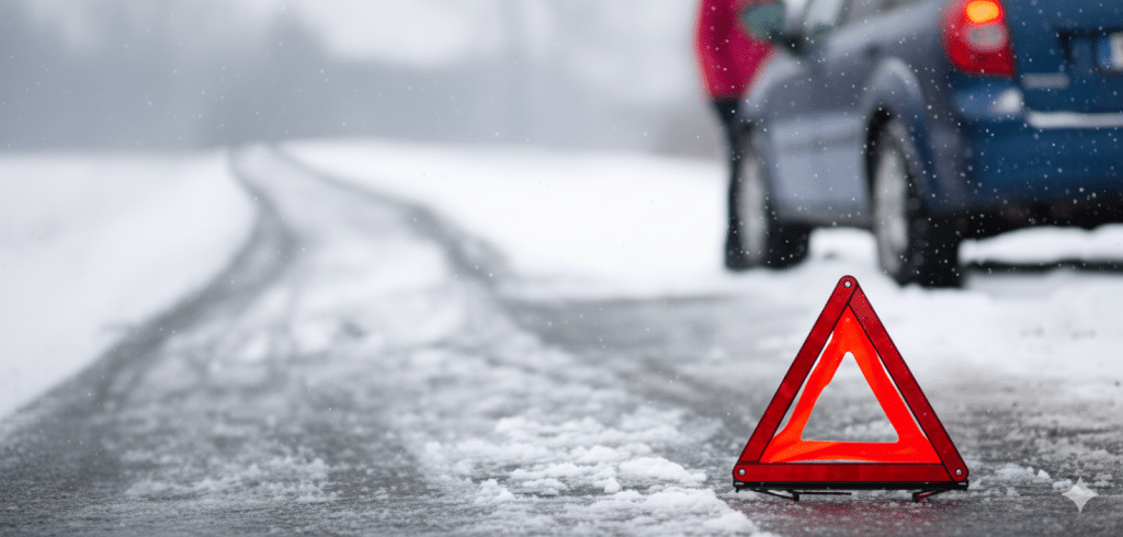 A broken down car at the side of a road in the snow with a warning triangle